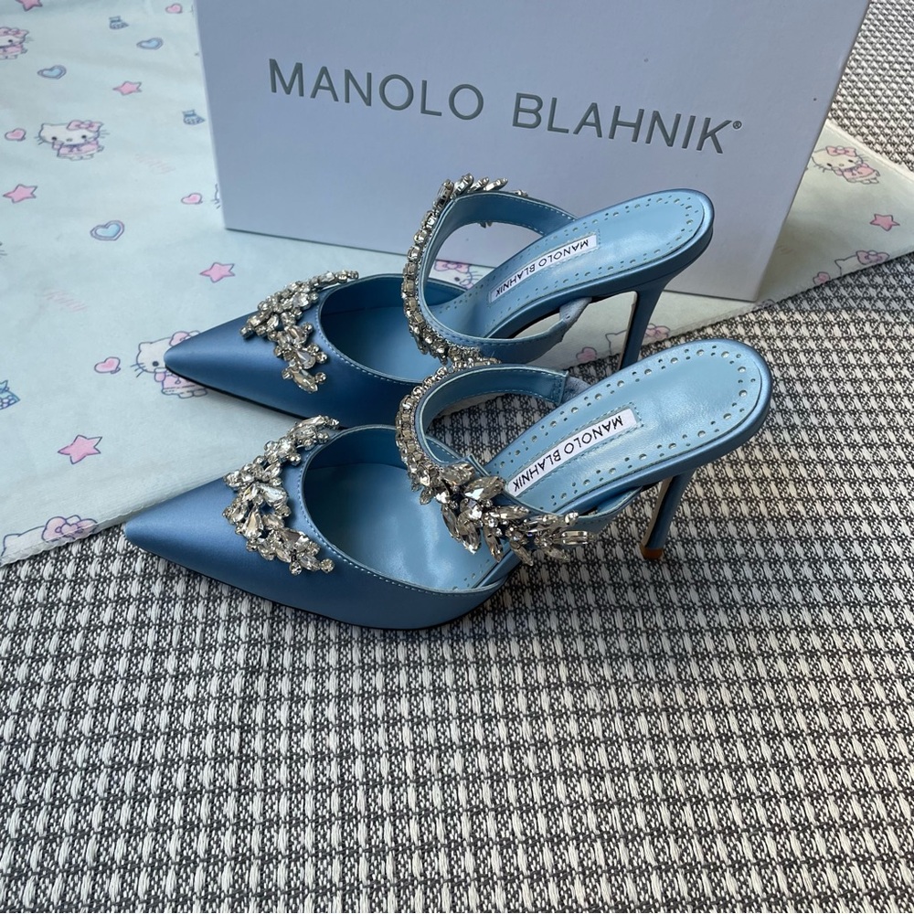 Manolo Blahnik Blue Embellished Pointed-Toe Mules - Picture 5 of 9